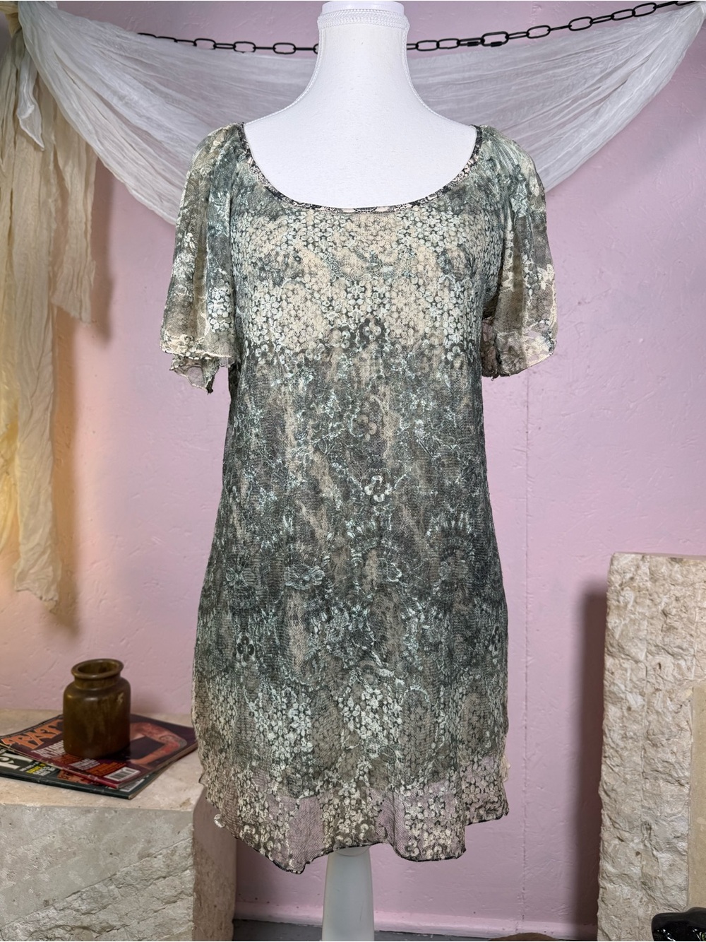 Brittany Black Sheer Lace Mesh Boho Mini Dress Size Medium
